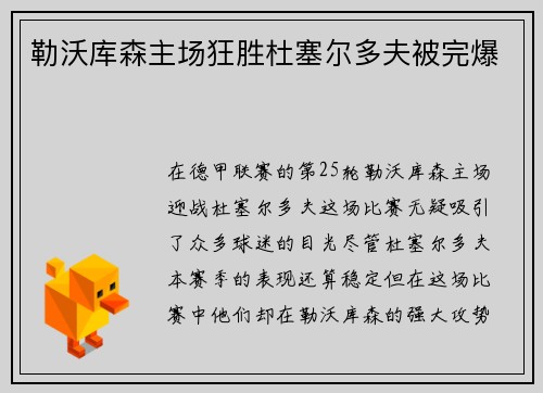 勒沃库森主场狂胜杜塞尔多夫被完爆