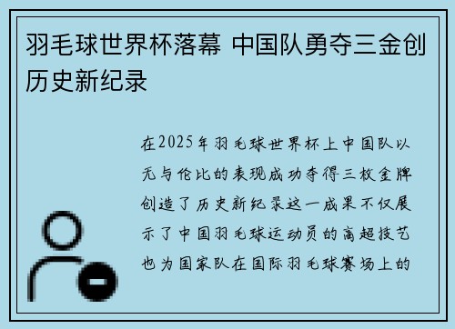 羽毛球世界杯落幕 中国队勇夺三金创历史新纪录